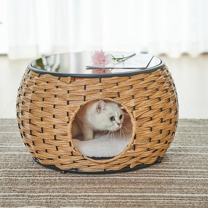 ローテーブル 猫 小型犬 ペットベッド ラタンカフェテーブルベッド 隠れ家 透明天板 キャットハウス ペットソファ かわいい おしゃれ センターテーブル 丸